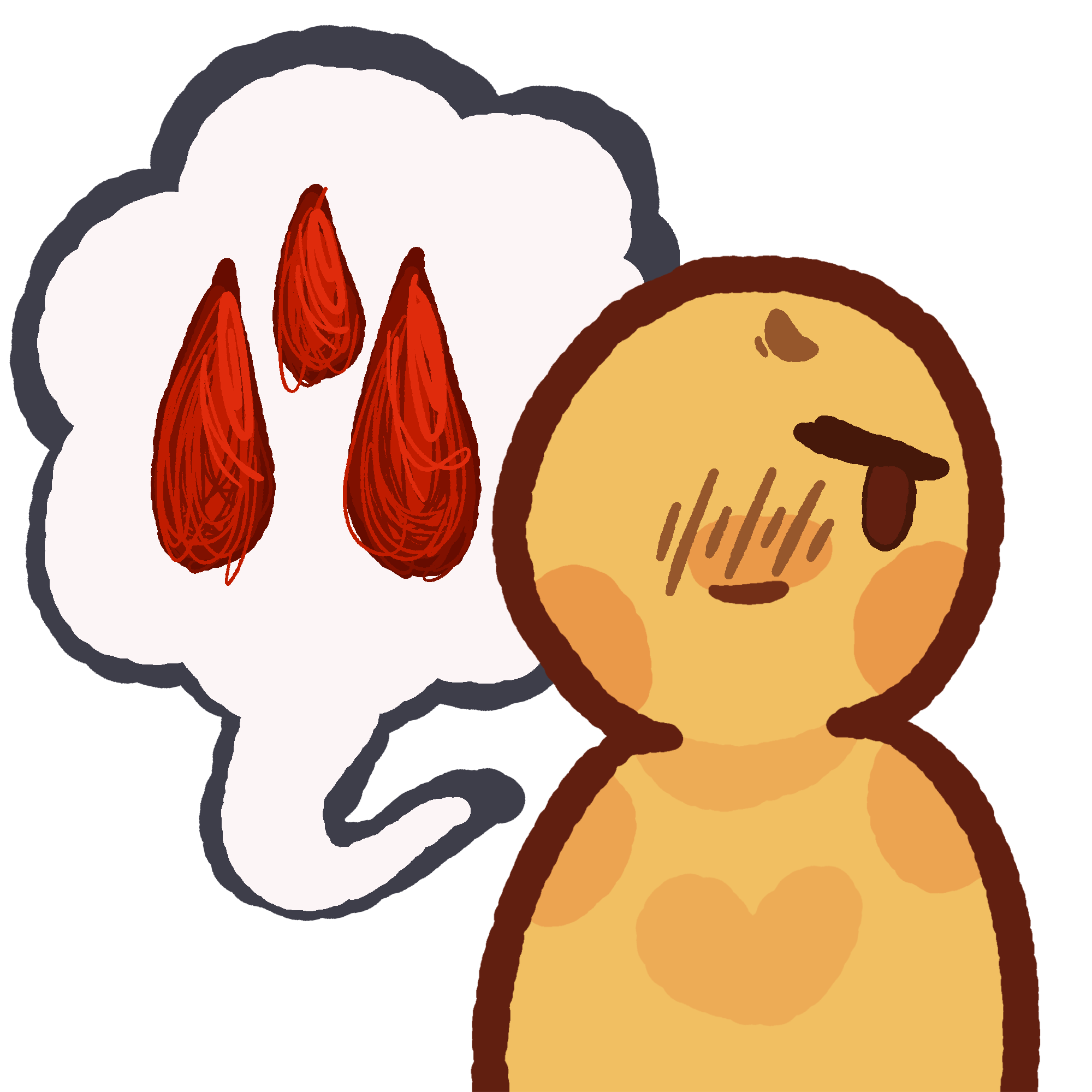 A simple yellow person with a worried/scared expression. A wobbly speech bubble is coming from them, there is a sketch like drawing of three blood drops